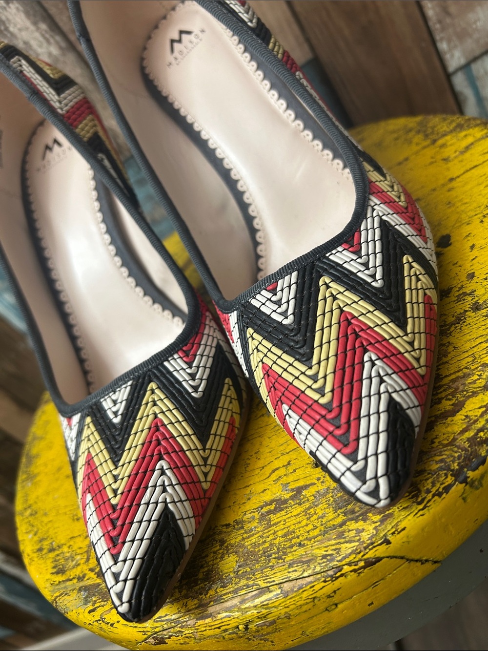 Madison Chevron Woven Pointed-Toe Stilettos in Red, Yellow, Black & White - Picture 7 of 15